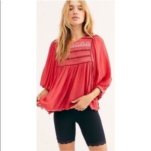 Free People Cyprus Avenue Embroidery Top Red Boho Small
